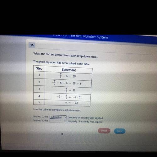 Select the correct answer from each drop down menu.

The given equation has been solved in the tab