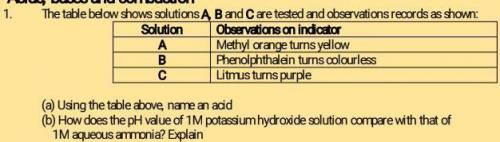 `what acid is obtained from the table below? and does PH value of 1M potassium hydroxide solution c