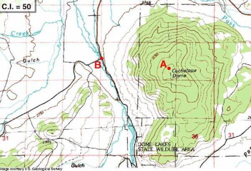 What is the elevation of point B? A) Point B has an elevation less than 2750 feet. B) Point B has a