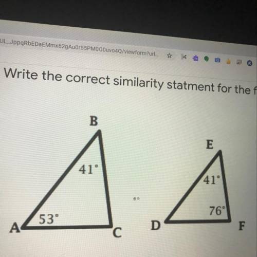 Write the correct similarity statment for the following triangles.
