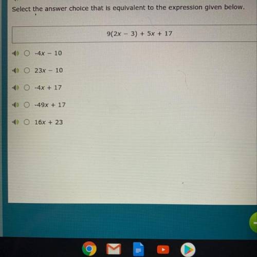 Select the answer choice that is equivalent to the expression given belon.

9(2x - 3) + 5y + 17
0)