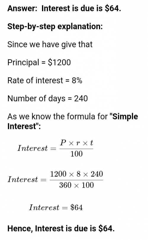 Choose the correct answer.

Find the interest due on $1,200 at 8% for 240 days.
(Remember that for