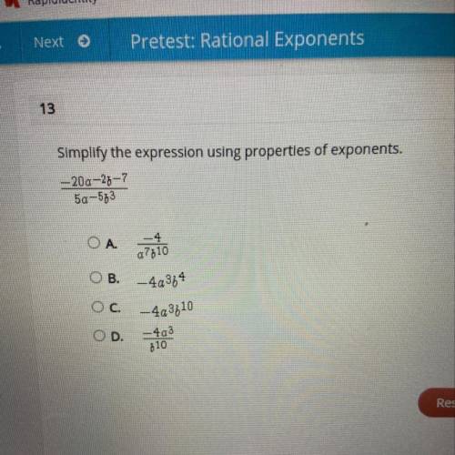 Simplify the expression using properties of exponents. -20a-2b-7/5a-5b3