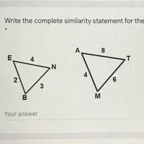 Write the complete similarity statement for the following pair of triangles.