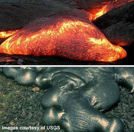 Molten lava pours from a volcano in Hawaii. After a few hours, the liquid lava hardens into a shiny