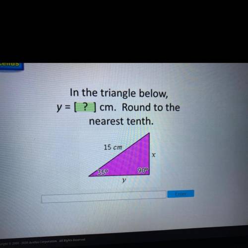 In the triangle below,
y = [ ? ] cm. Round to the
nearest tenth.