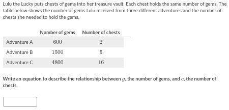 Lulu the Lucky puts chests of gems into her treasure vault. Each chest holds the same number of gem