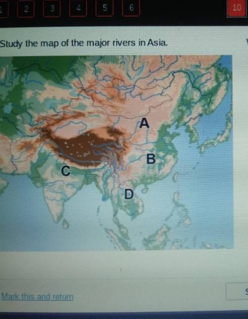 1 3 5 6 10 TIME REMAINIE 27:46 Study the map of the major rivers in Asia. Which river is marked wit