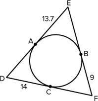 ΔDEF is formed by lines tangent to the circle, where = 13.7, = 9, and = 14. Determine the perimeter