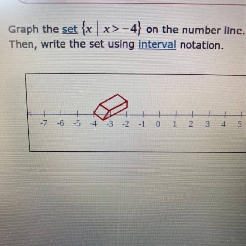 Set-builder and interval notation

Graph the set {x | x>-4) on the number line.
Then, write the