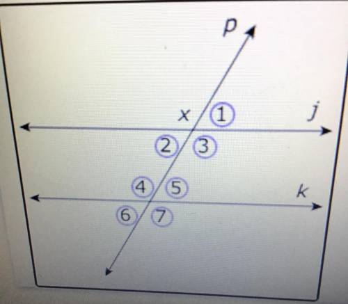 Parallel line j and k are cut by transversal line p creating the angles shown. Select all numbered