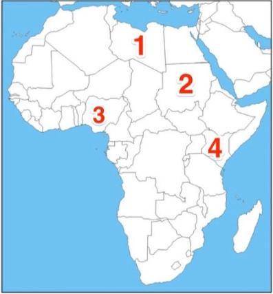 The country of Sudan is represented by which number? A) 1 B) 2 C) 3 D) 4