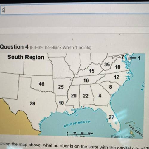 Using the map above, what number is on the state with the capital city of Tallahassee?