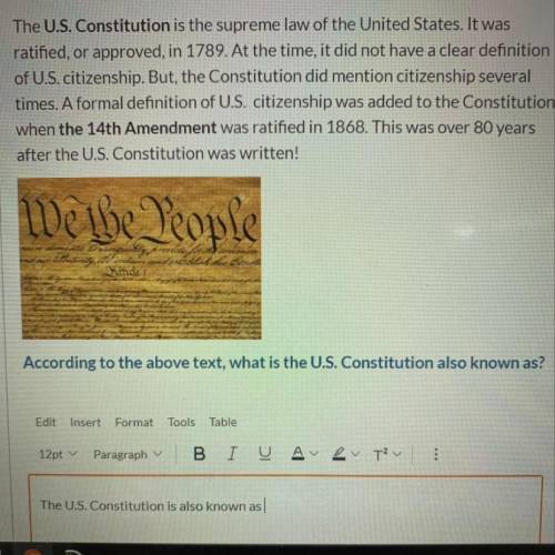 According to the above test, what is the u.s. constitution also known as?