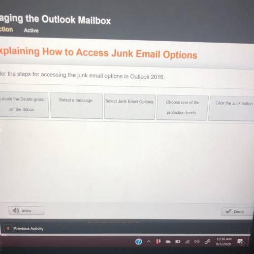 Order the steps for accessing the junk email options in outlook 2016