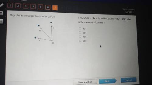 If angle vuw = 4x+6 and wut = 6x+10 what is the measure of wut