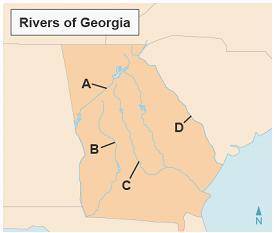 The map shows Georgia’s rivers. Rivers of Georgia What letter identifies the Savannah River, which