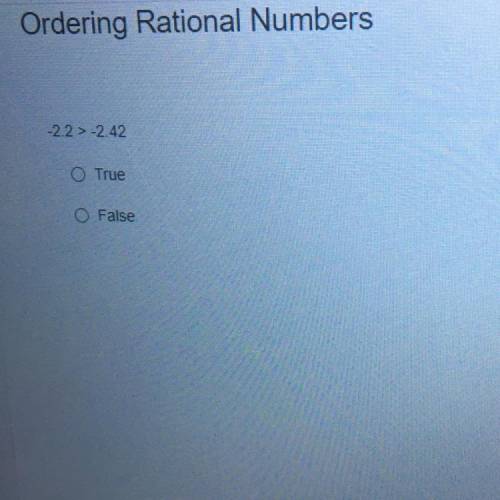 Ordering Rational Numbers
-2.2 > -2.42
O True
O False