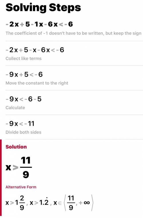 Solve for x: −2x + 5 −1 x −6 x < −6