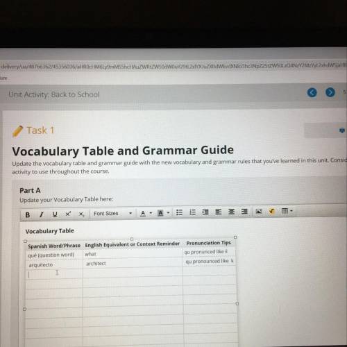 P.

Task 1
Submit For
Score
Vocabulary Table and Grammar Guides 
files
Update the vocabulary table