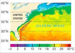 The map shows the surface temperature of the Gulf Stream and the ocean water farther north. Where a