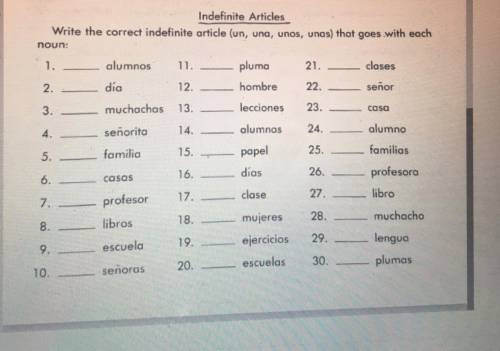 Write the correct indefinite article (un, una, unos, unas) that goes with each noun