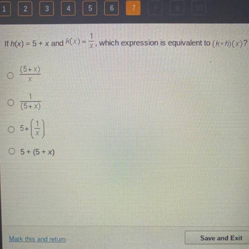 If h(x) = 5 + x and (x) =
- F, which expression is equivalent to (k~)(x)?