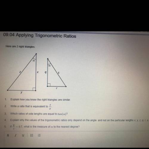 Here are 2 right triangles.

MA
y
1.
Explain how you know the right triangles are similar.
2.
Writ