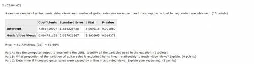 A random sample of online music video views and number of guitar sales was measured, and the comput