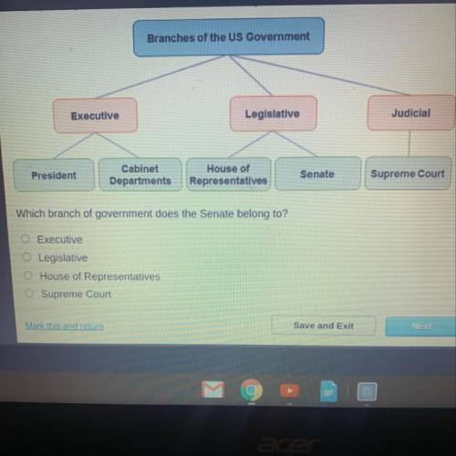 Which branch of government does the Senate belong to?

O Executive
O Legislative
O House of Repres
