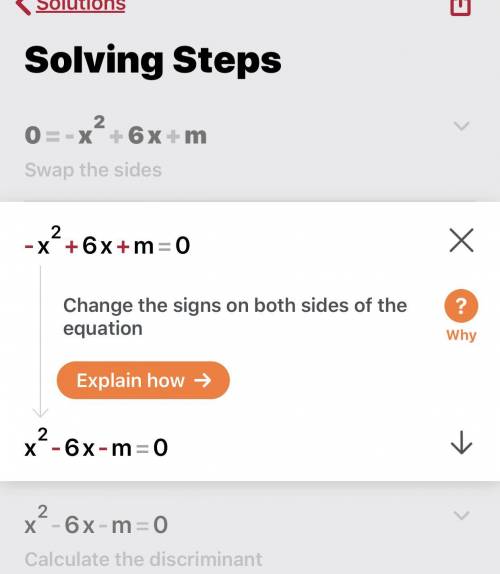 Why do you need to change the signs in -x^2+6x+m=0 ?