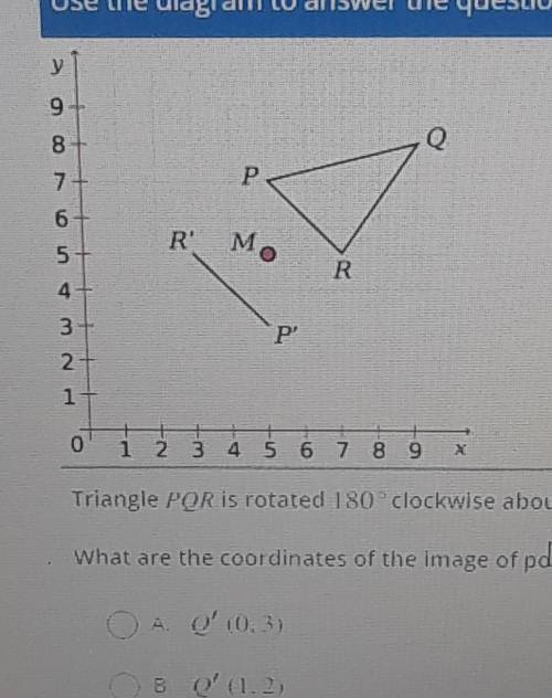 Triangle PQR is rotated at 180° clockwise about point M. The image of point P is P' and the image p