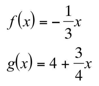 The following functions are inverses. True or False? f(x) = -1/3 x and g(x) = 4 + 3/4 x