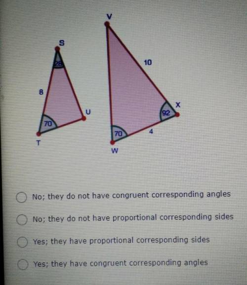 Are the two triangles below similar?PLEASE HELP ME