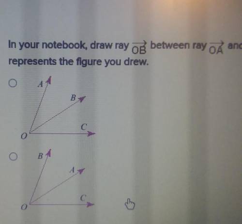 In your notebook, draw ray OB between ray OA and OC. When you have finished, select the figure belo