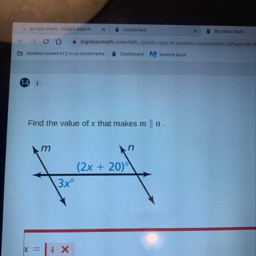 Find the value of x that makes m
m
n
(2x + 20)
(32°