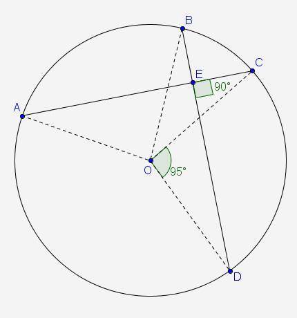 In the diagram of circle O, chords AC and BD are perpendicular to each other. If m∠COD = 95° what i