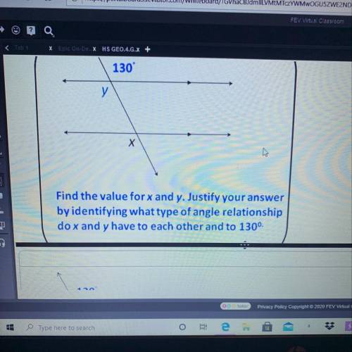 Find the value for x and y. Justify your answer

by identifying what type of angle relationship
do