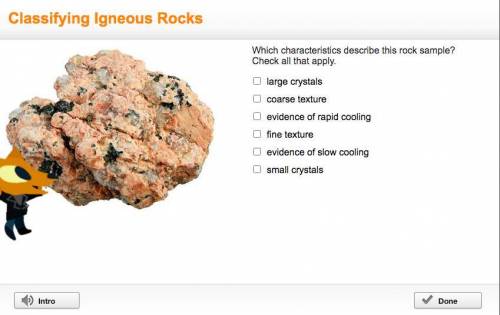 Which characteristics describe this rock sample? Check all that apply. large crystals coarse textur