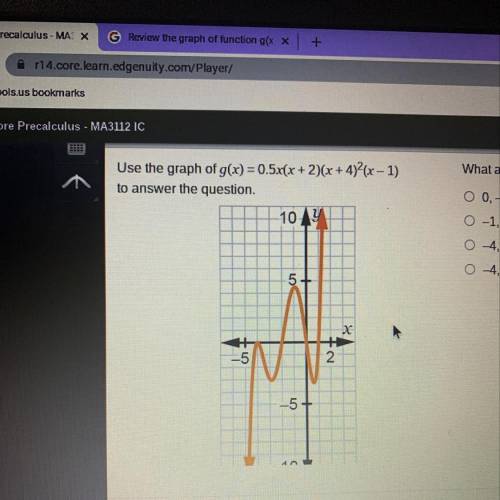 What are the zeros of the polynomial function g(x) = 0.5(x+2)(x+4)^2(x-1)