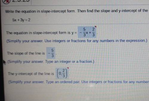 Write the equation in slope-intercept form. Then find the slope and y-intercept of the line. 5x + 3