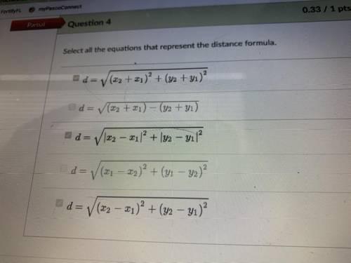 Select all the equations that represent the distance formula. (I got the answer wrong by the way)