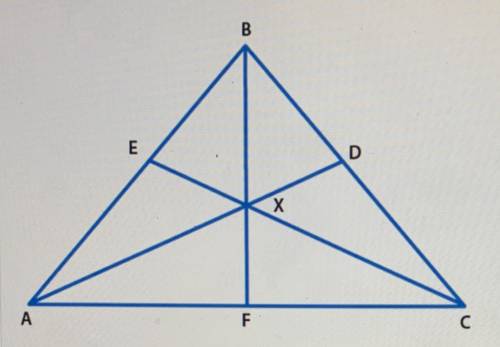 Isosceles triangle ABC contains angle bisectors overline BF , overline AD , and overline CE that in