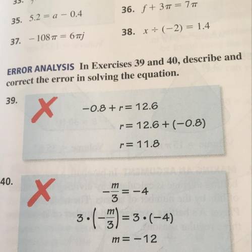 ERROR ANALYSIS In Exercises 39 and 40, describe and

correct the error in solving the equation.
id