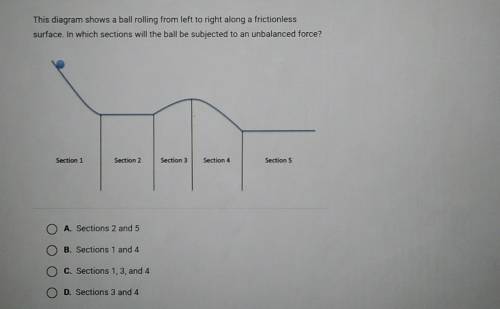 This diagram shows a ball rolling from left to right along a frictionless

surface. In which secti