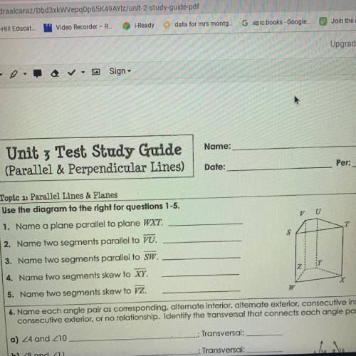 Name: please help only 1,2,3,4,5

Unit 3 Test Study Guide
(Parallel & Perpendicular Lines)
Dat