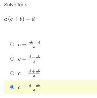 Solve for c.
a(c + b)=d