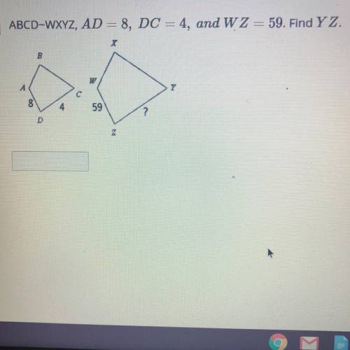 ABCD-WXYZ, AD = 8, DC = 4, and WZ= 59. Find Y Z.

B
W
A
Y
C
8
4
59
?
D
Z
