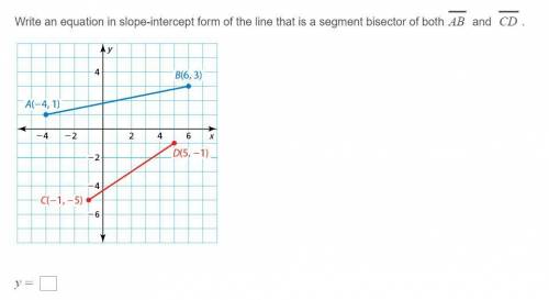 Write an equation in slope-intercept form of the line that is a segment bisector of both AB and CD.