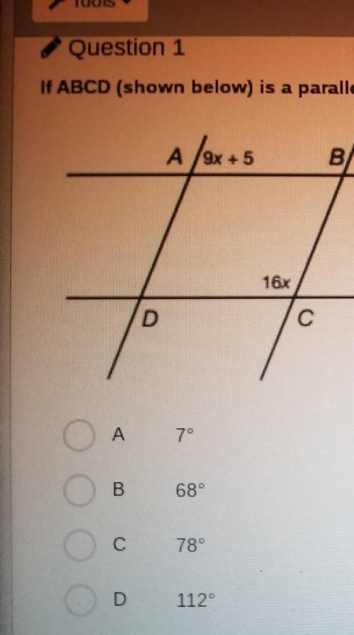 If ABCD (shown below) is a parallelogram, what is the measure of angle ABC?